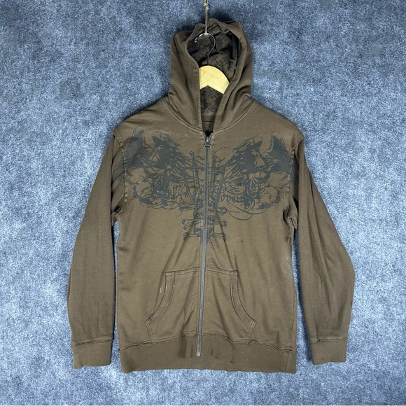 Vintage Y2K 2000 Micros Grunge Skull Affliction Zip Up Skate Hoodie Size L Youth - Picture 1 of 15
